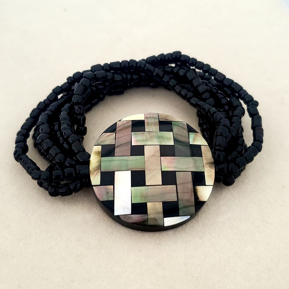 Beaded Boho Bracelet Multi-Strand Basketweave Medallion Abalone Inlay Mosaic
